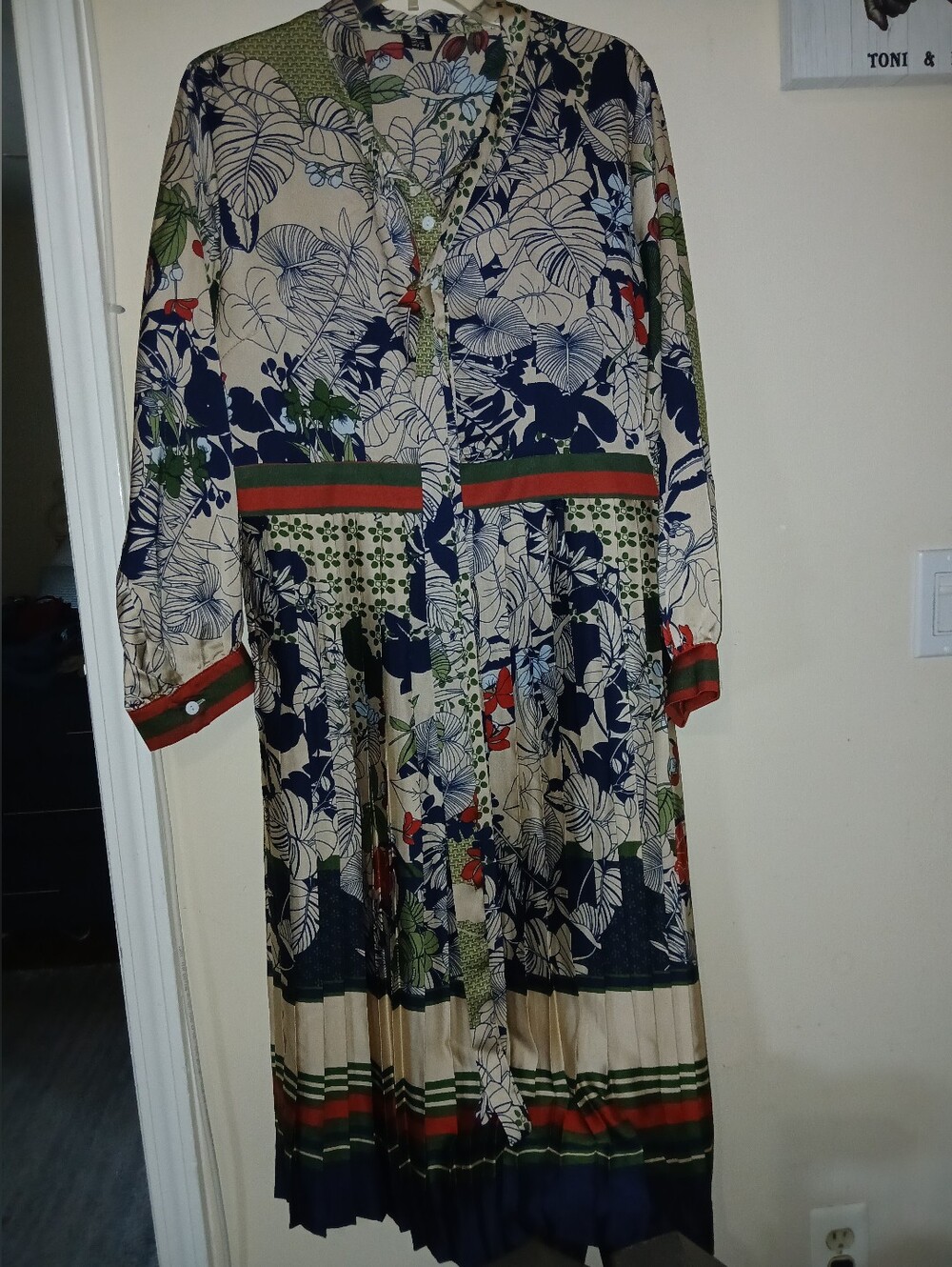 Floral Printed Button-Front Midi Dress in Navy, Cream & Green